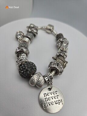 Charm Bracelet Butterfly Heart Crystal Glass Beads Pandora Style Up  7"
